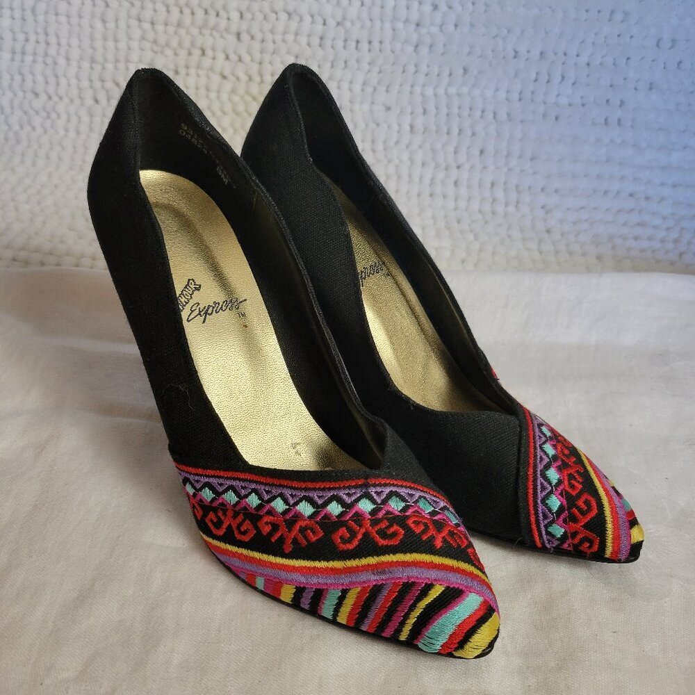 Rush Hour Express Pumps Stilettos Tapestry Shoes Sz 8 retro unworn 4" heel 90s